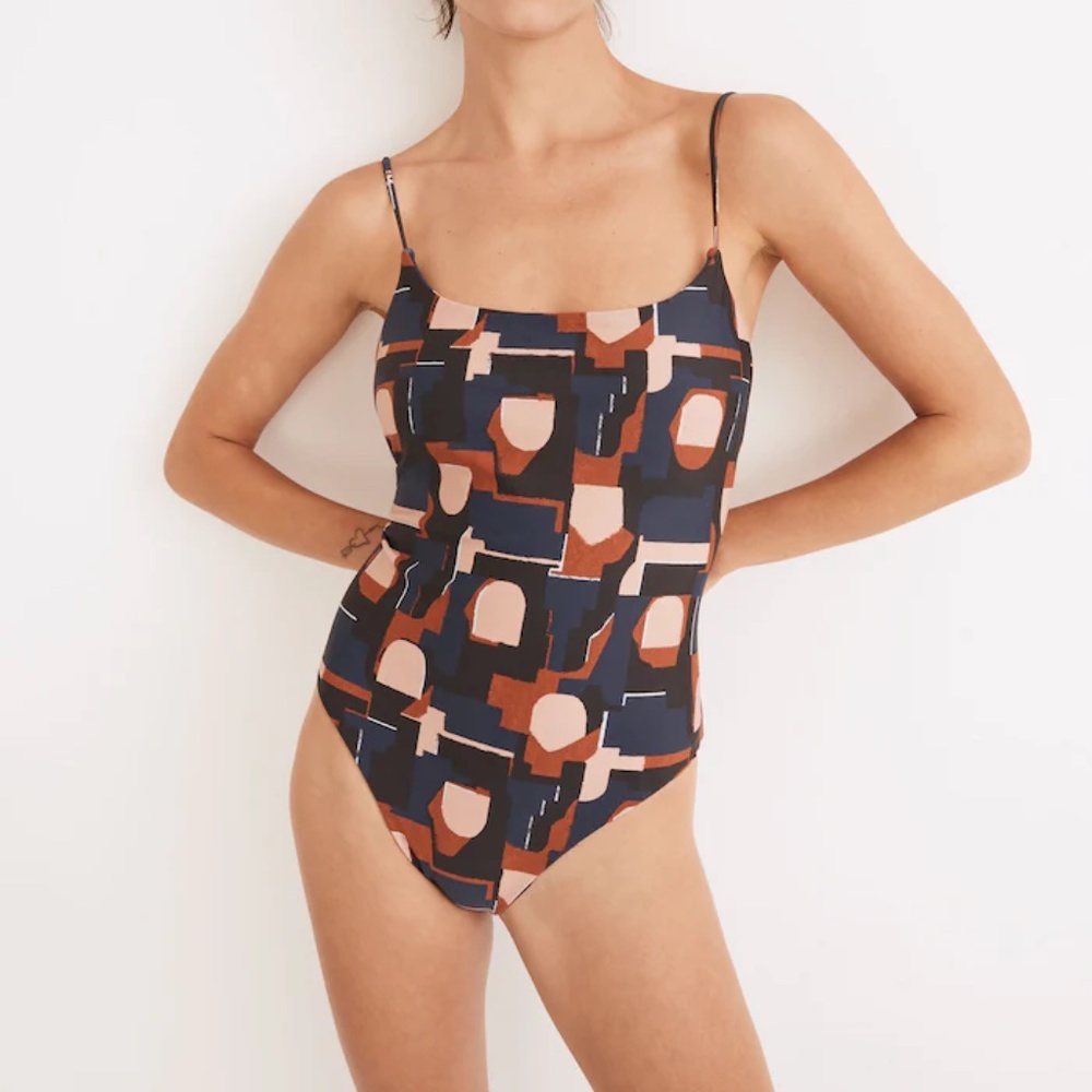 Madewell Second Wave Spaghetti-Strap One-Piece Swimsuit in Color Collage, Size M